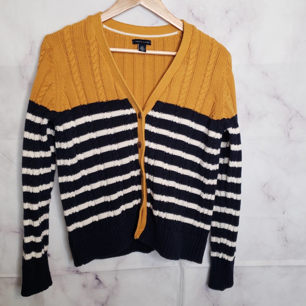 TOMMY HILFIGER stripe button down knit cardigan sweater L